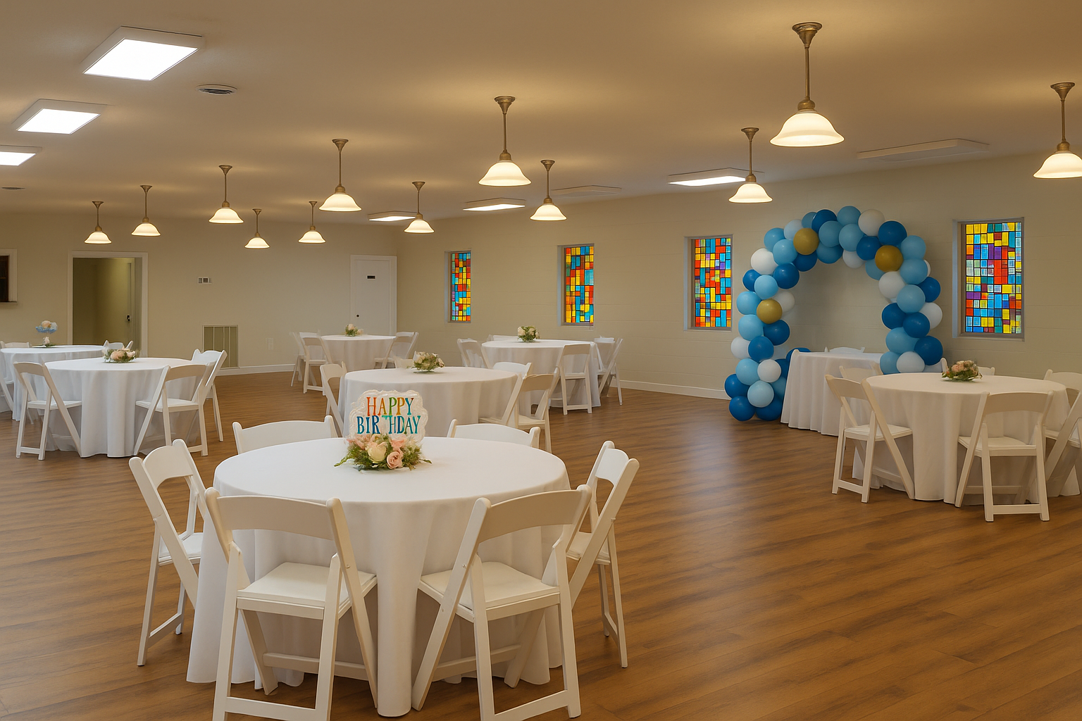 Birthday party venue in Dayton Ohio with balloon arch and decorated tables in a spacious event hall