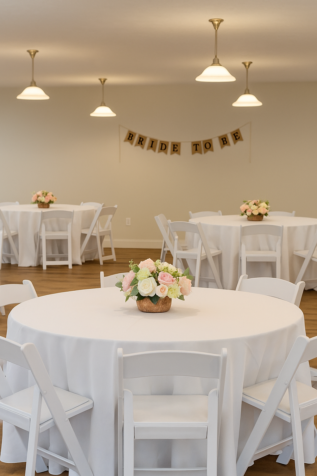 Bridal shower venue in Dayton Ohio with white tables, floral centerpieces, and Bride to Be banner