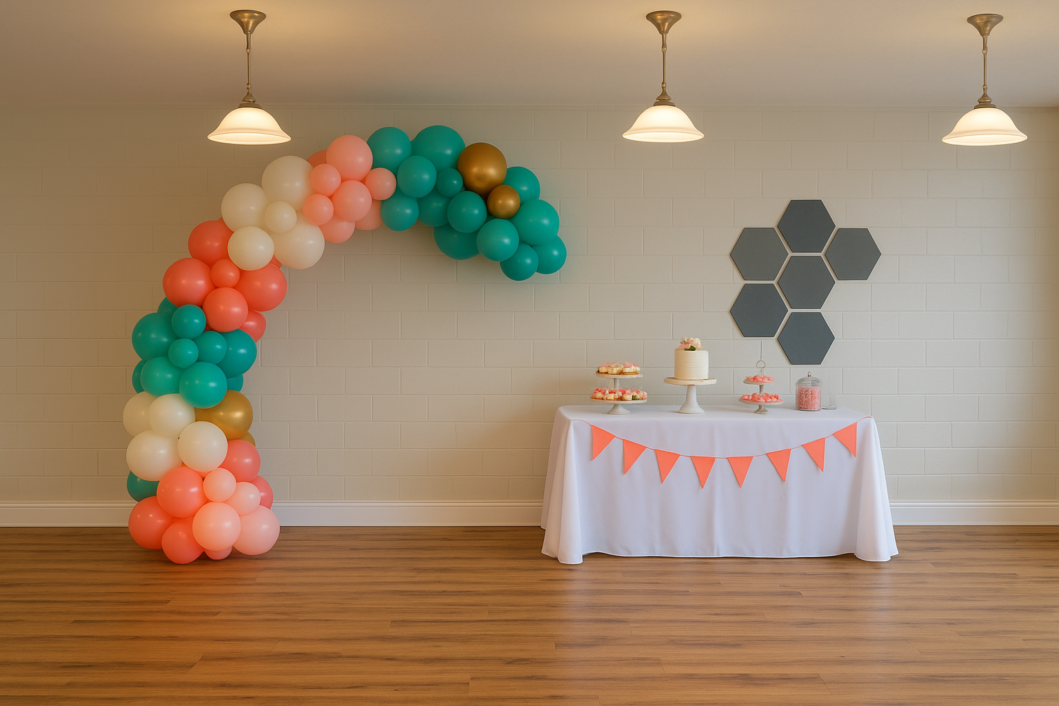 DIY event venue in Dayton Ohio with balloon garland and decorated dessert table