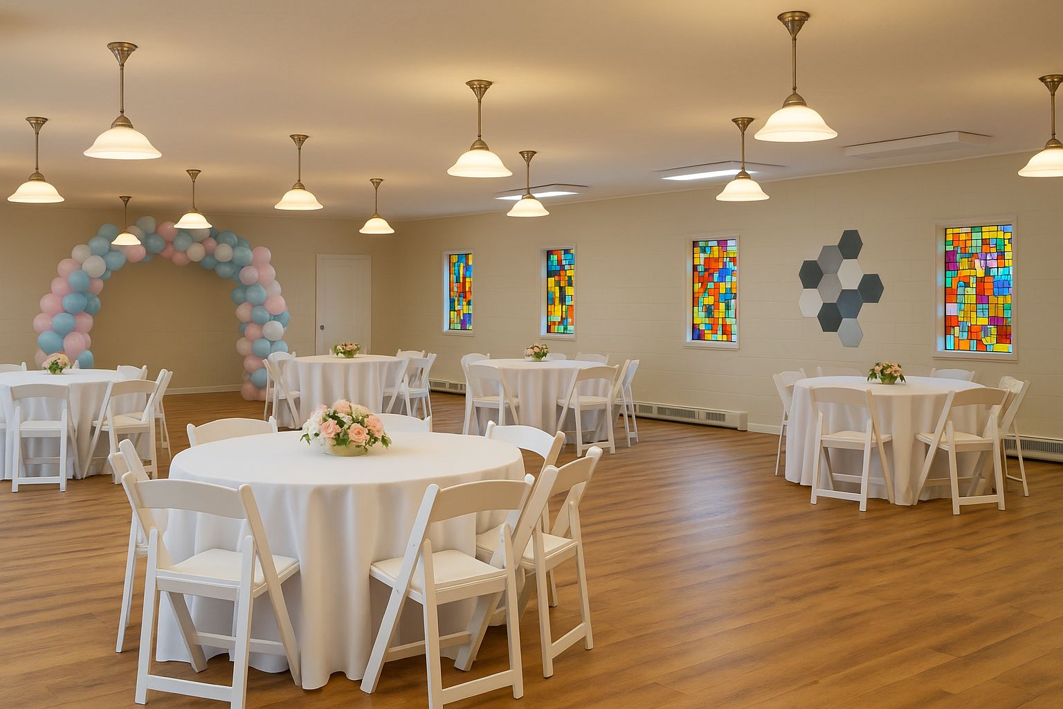 Decorated event space in Dayton Ohio with baby shower balloon arch and white tables