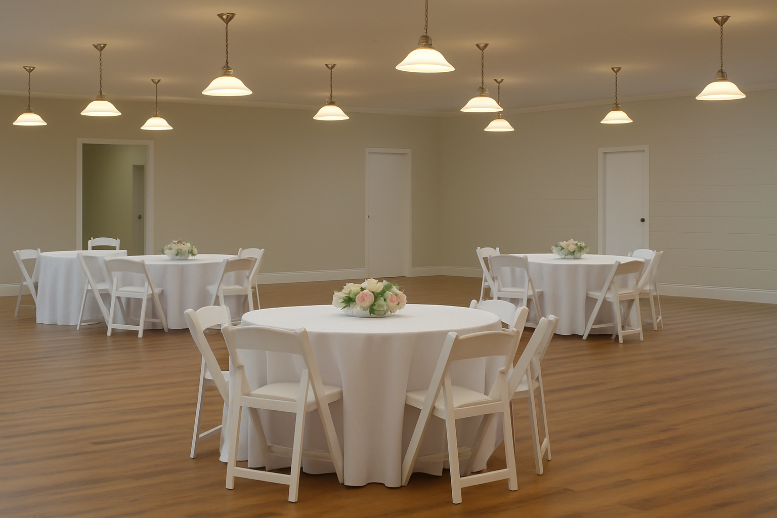 Spacious event venue in Dayton Ohio with round tables, floral centerpieces, and pendant lighting
