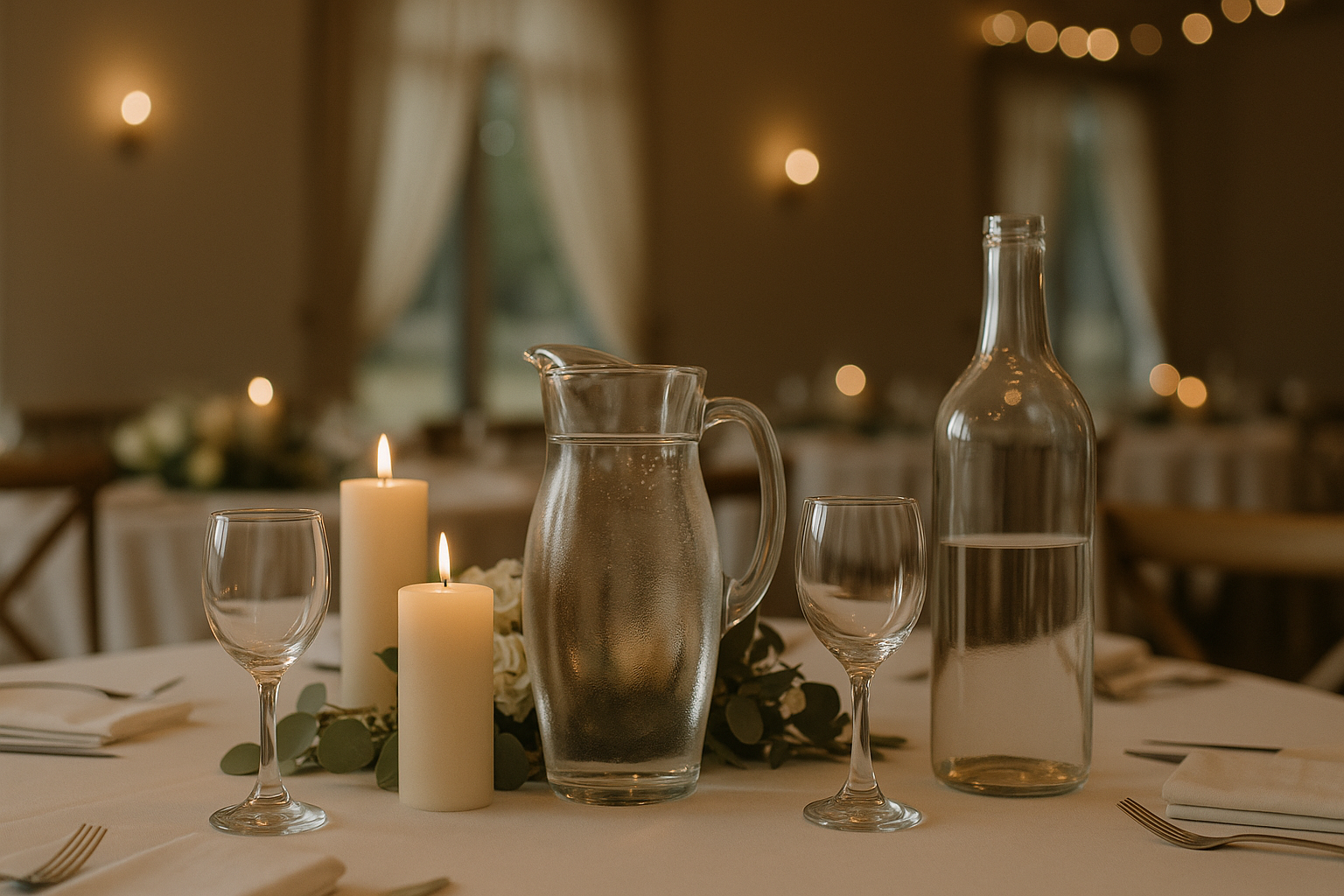 Neutral event table with candles and glassware arranged for a BYOB setup in Dayton, Ohio