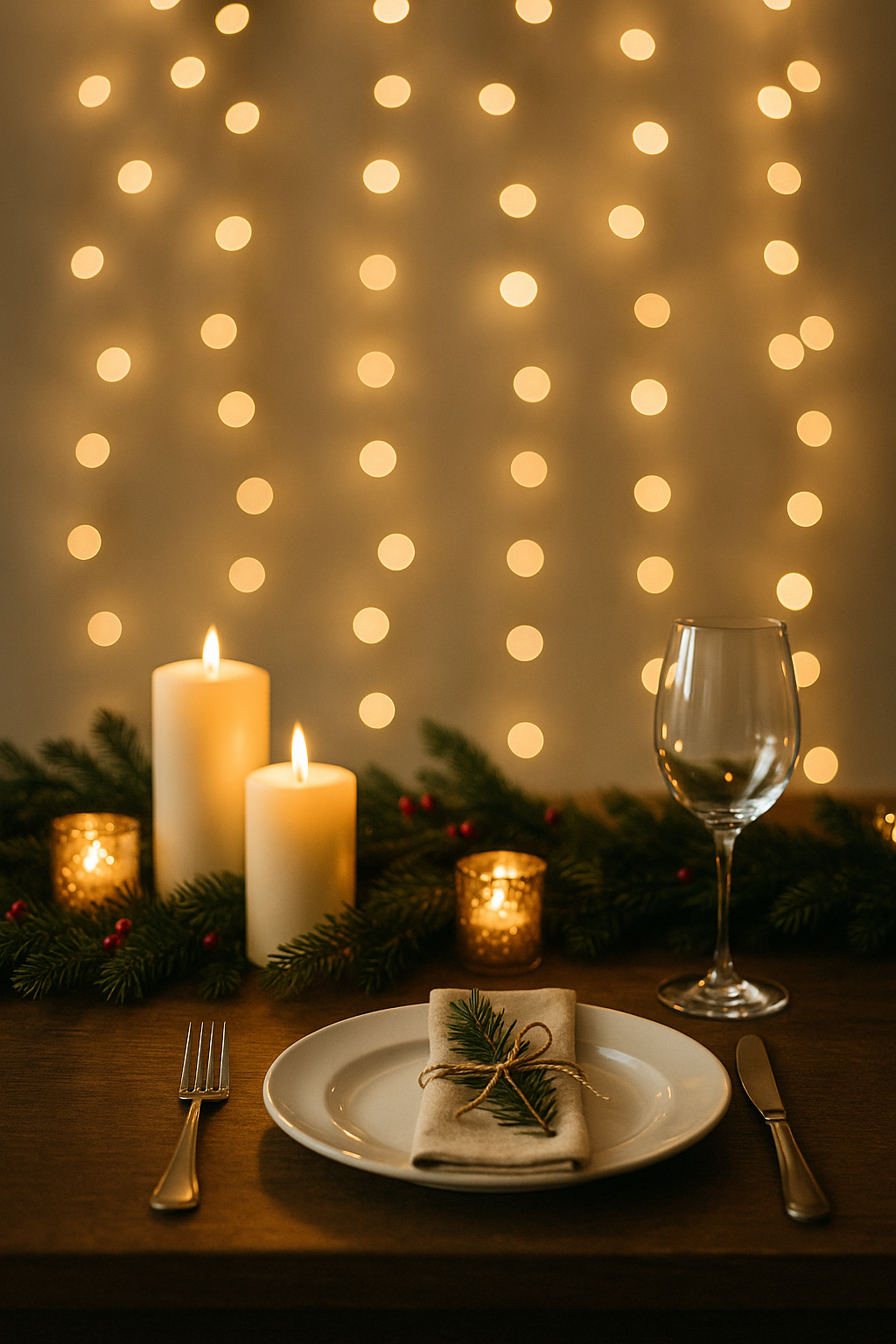 Warm holiday table setting with candles, garland, and bokeh lights creating a festive atmosphere