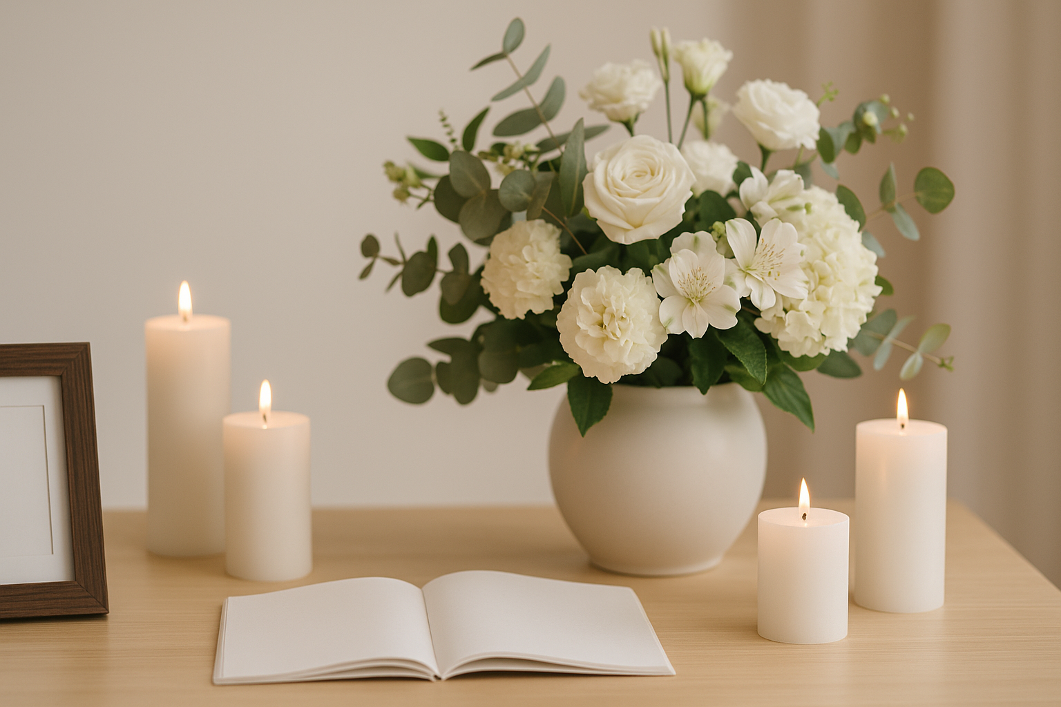 White flowers and candles on a memorial table during a celebration of life in Ohio